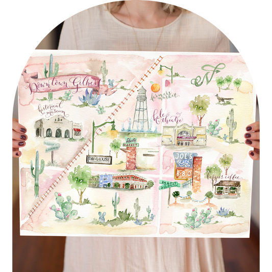Watercolor Map of Downtown Gilbert, Arizona