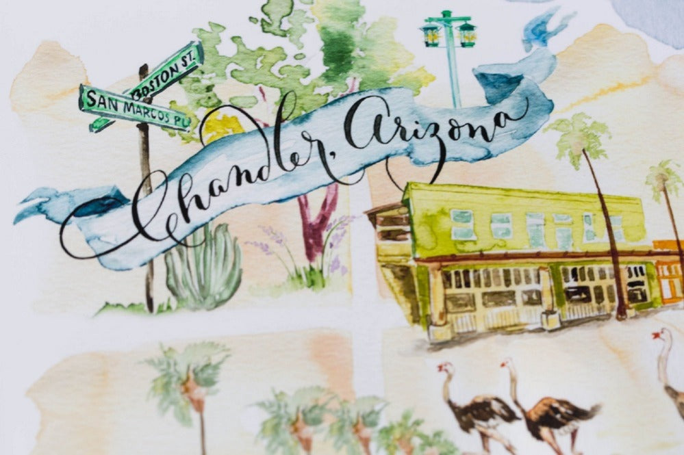 Watercolor Map of Downtown Chandler, Arizona