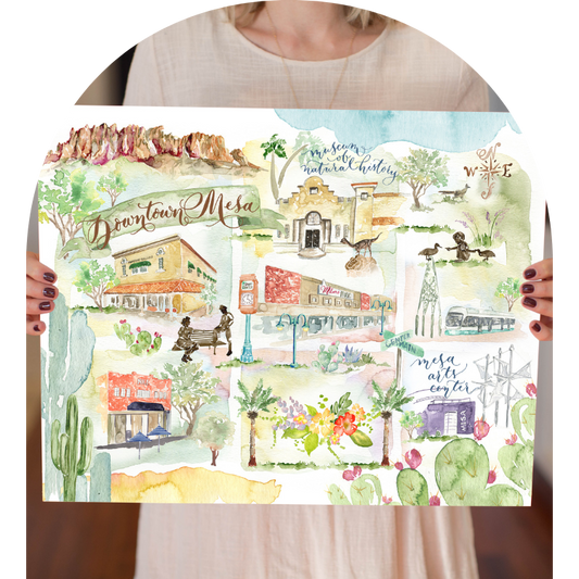 Watercolor Map of Downtown Mesa, Arizona