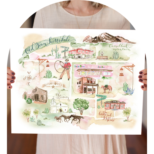 Watercolor Map of Old Town Scottsdale, Arizona