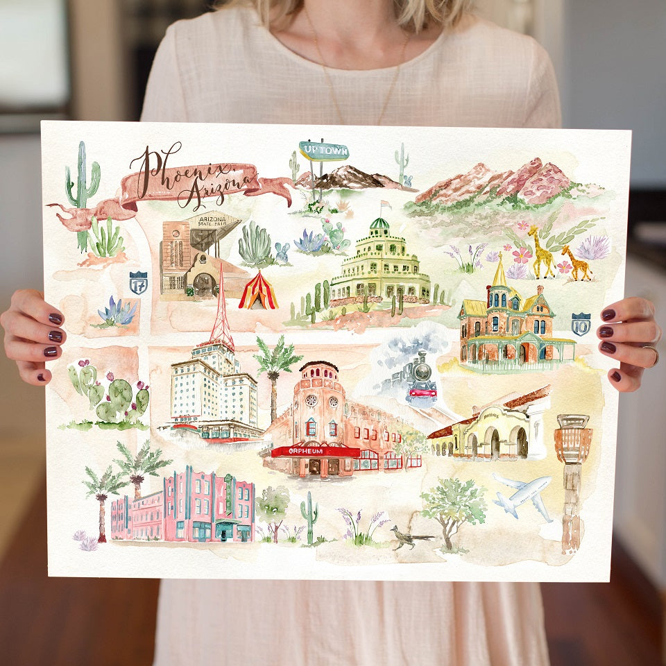 Watercolor Map of Downtown Phoenix, Arizona
